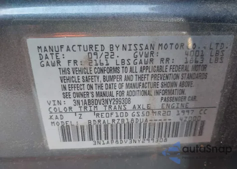2022 Nissan Sentra Sr Xtronic Cvt z USA, uszkodzony, nr VIN 3N1AB8DV3NY299308